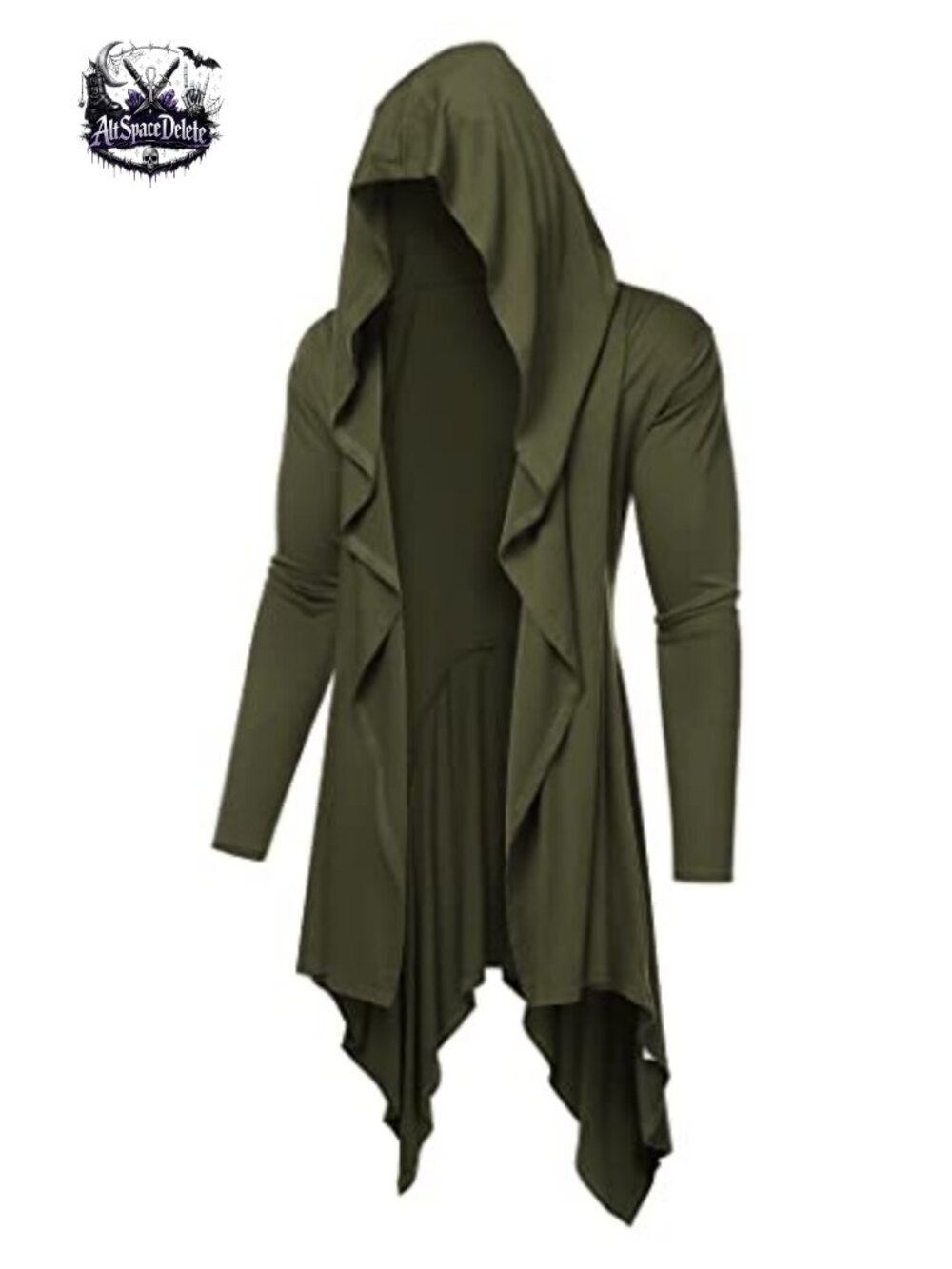 Long Hooded Open Front Cardigan Ruffle Shawl Collar Lightweight Drape Cape